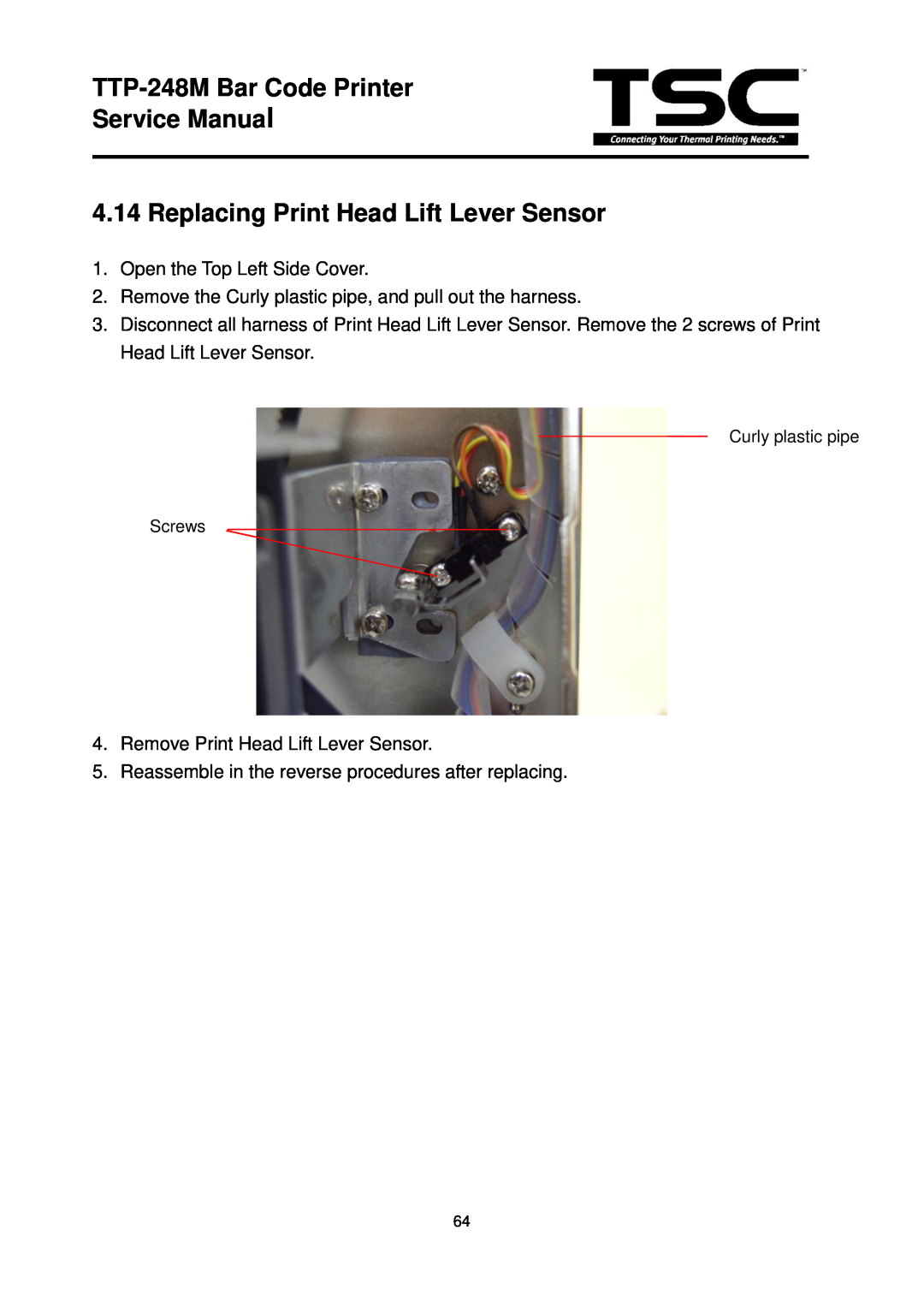 The Speaker Company TTP 248M Replacing Print Head Lift Lever Sensor, TTP-248M Bar Code Printer Service Manual 