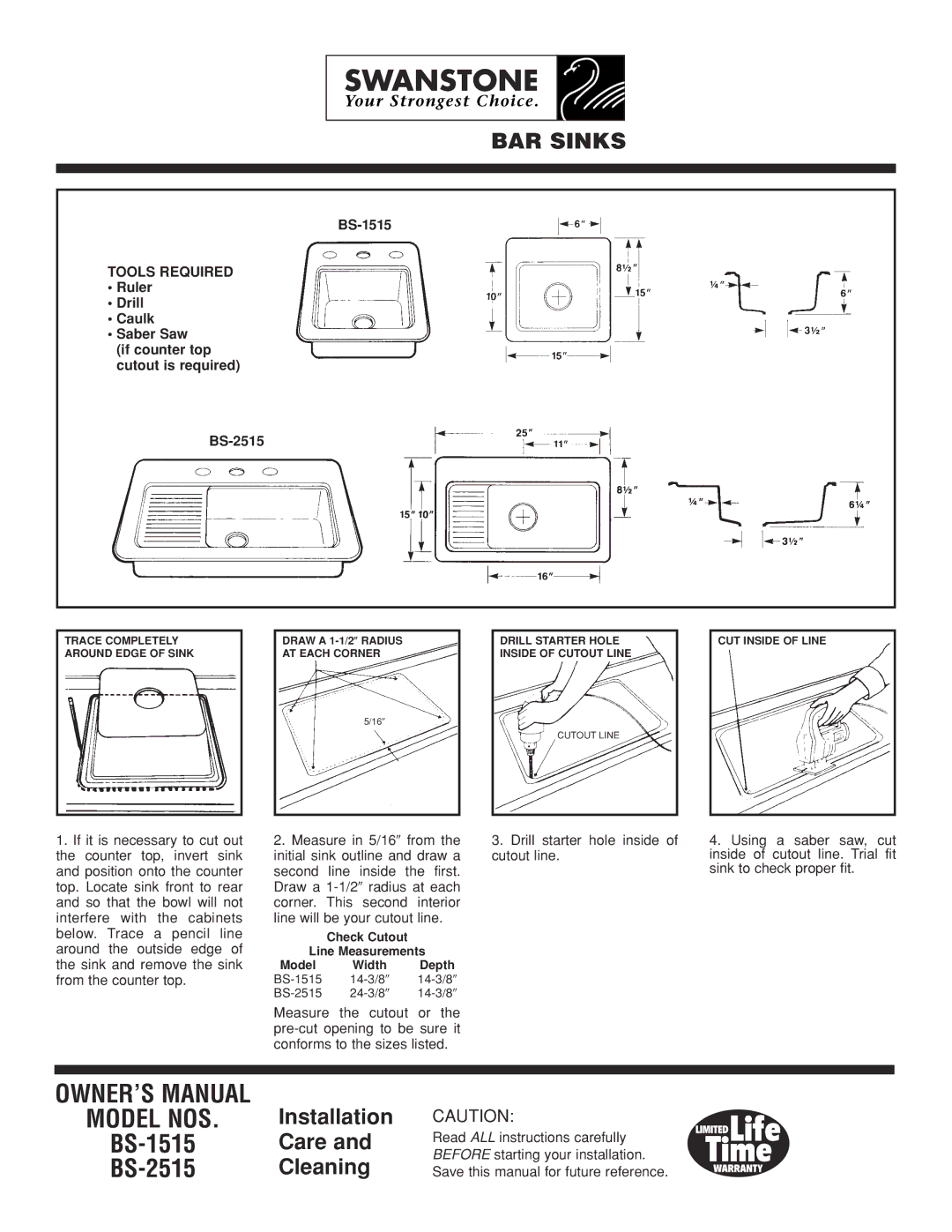 The Swan Corporation owner manual Model NOS, BS-1515 BS-2515, BAR Sinks, Installation Care Cleaning, Tools Required 