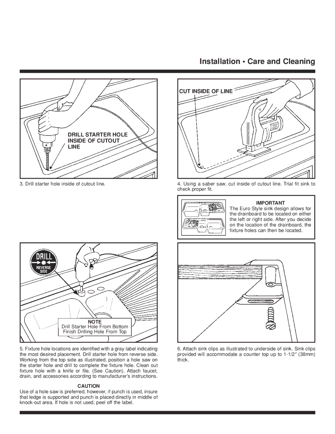 The Swan Corporation KSEU-3020 owner manual Installation Care and Cleaning, Drill Starter Hole Inside of Cutout Line 