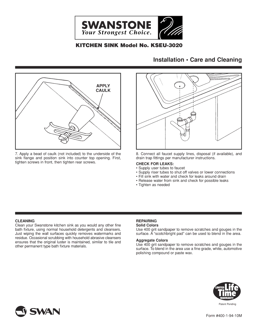 The Swan Corporation KSEU-3020 owner manual Apply Caulk, Solid Colors, Aggregate Colors 