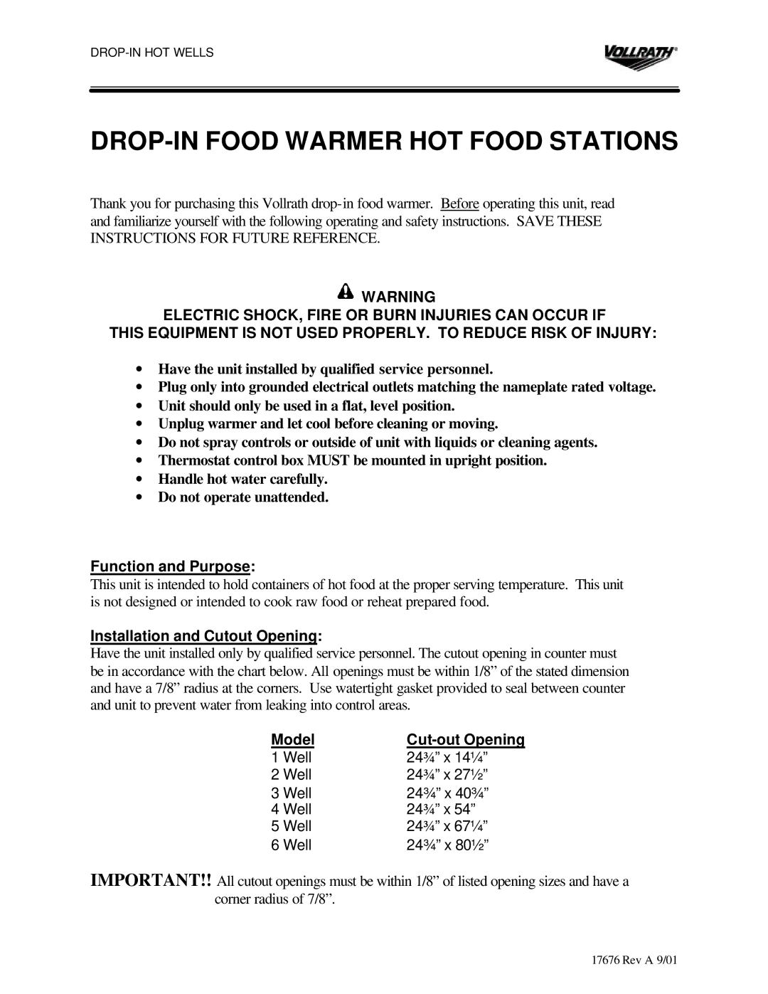 The Vollrath Co Drop-In Hot Wells manual DROP-IN Food Warmer HOT Food Stations, Function and Purpose, Model Cut-out Opening 