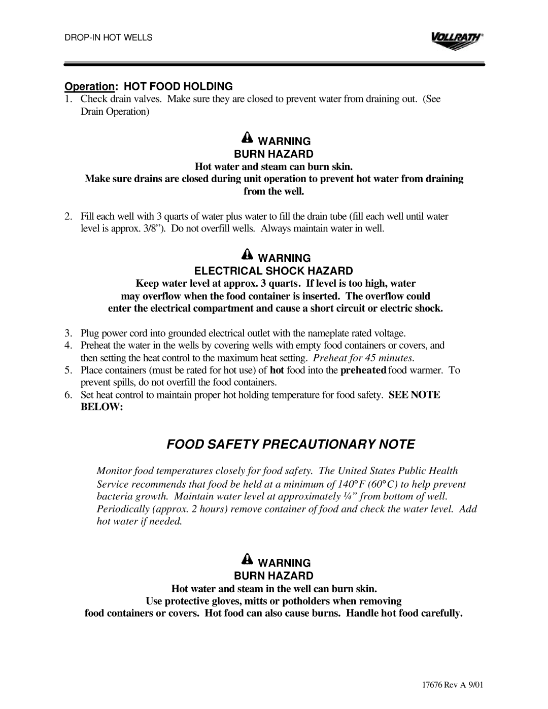 The Vollrath Co Drop-In Hot Wells manual Operation HOT Food Holding, Burn Hazard 