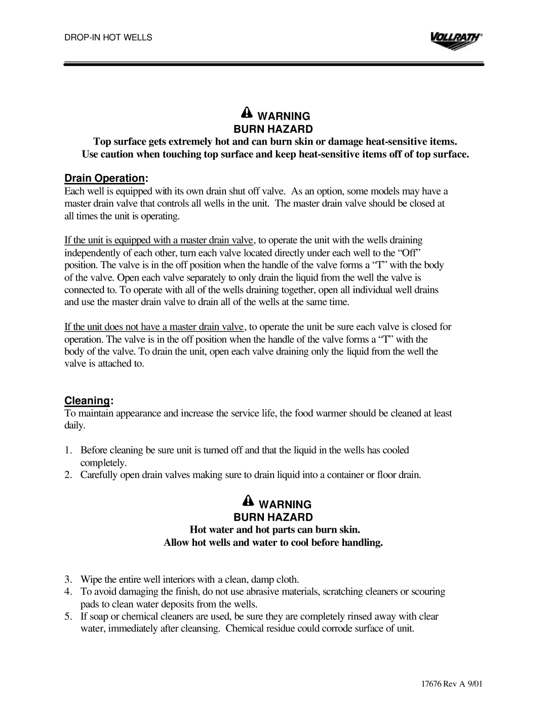 The Vollrath Co Drop-In Hot Wells manual Drain Operation, Cleaning 