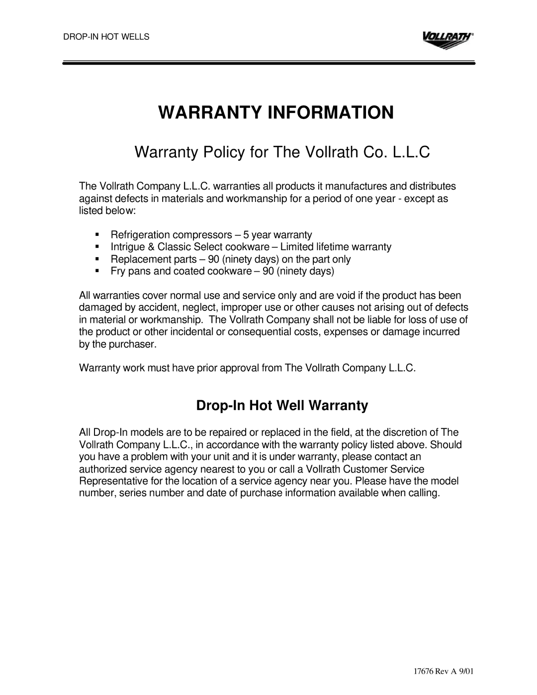 The Vollrath Co Drop-In Hot Wells manual Warranty Information, Warranty Policy for The Vollrath Co. L.L.C 