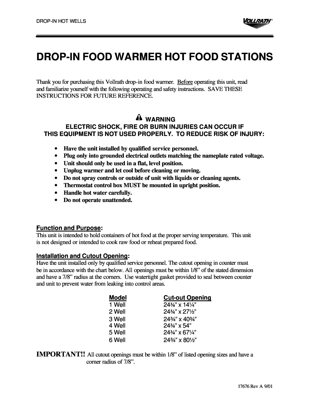 The Vollrath Co Drop-In Hot Wells manual Drop-Infood Warmer Hot Food Stations, Function and Purpose, Model, Cut-outOpening 