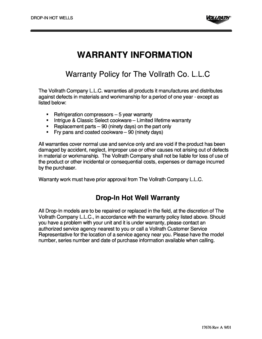 The Vollrath Co Drop-In Hot Wells manual Warranty Information, Warranty Policy for The Vollrath Co. L.L.C 