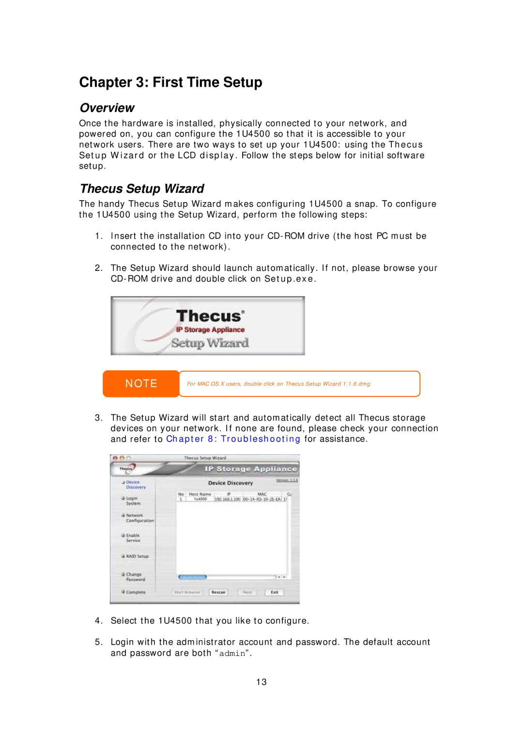 Thecus Technology 1U4500R, 1U4500S user manual First Time Setup, Thecus Setup Wizard 