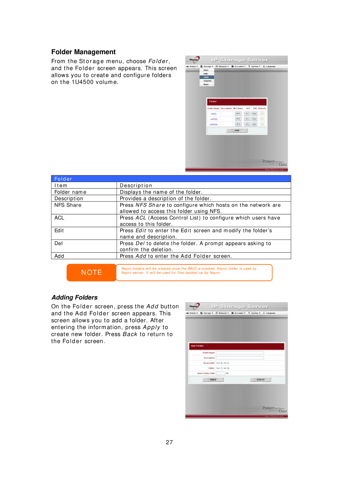 Thecus Technology 1U4500R, 1U4500S user manual Folder Management, Adding Folders 