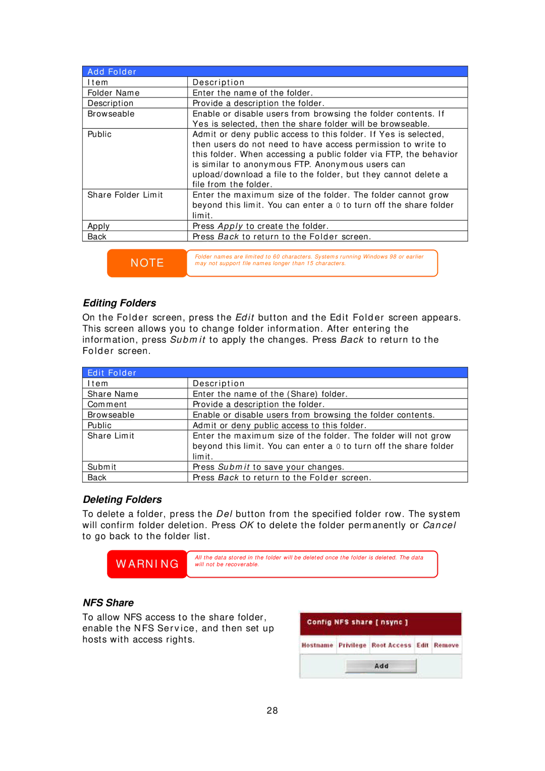 Thecus Technology 1U4500R, 1U4500S user manual Editing Folders, Deleting Folders, NFS Share, Add Folder, Edit Folder 