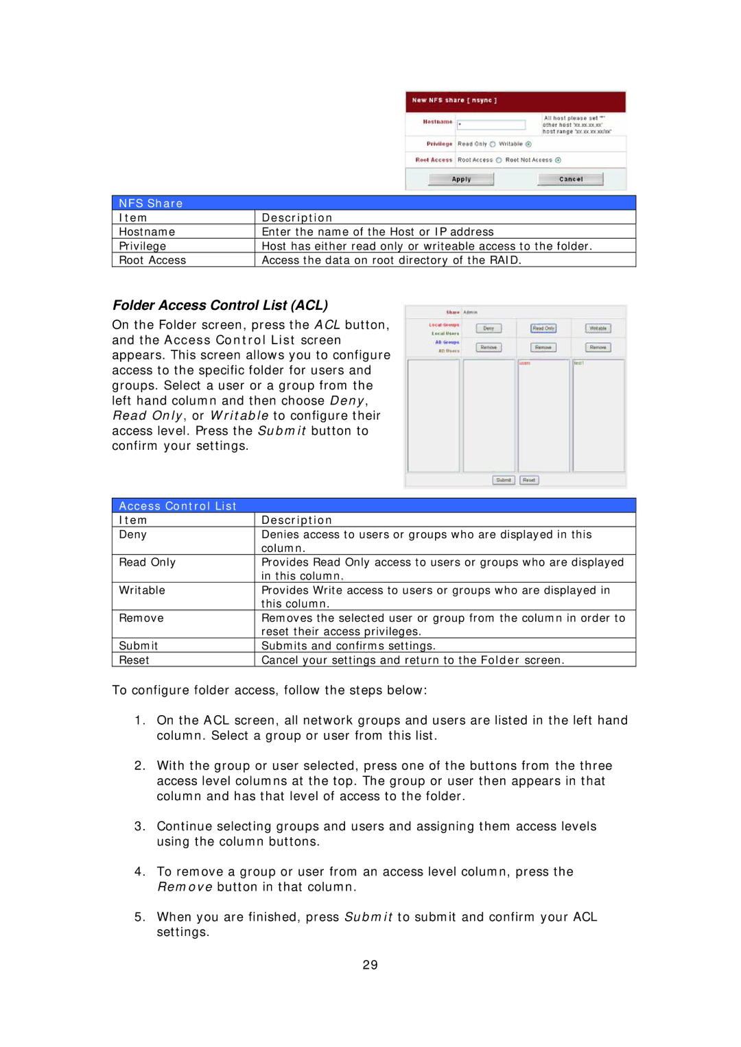 Thecus Technology 1U4500R, 1U4500S user manual Folder Access Control List ACL, NFS Share 