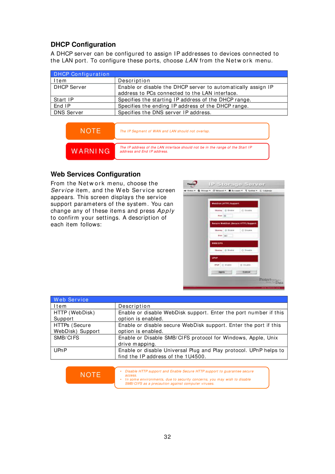 Thecus Technology 1U4500R, 1U4500S user manual Dhcp Configuration, Web Services Configuration 