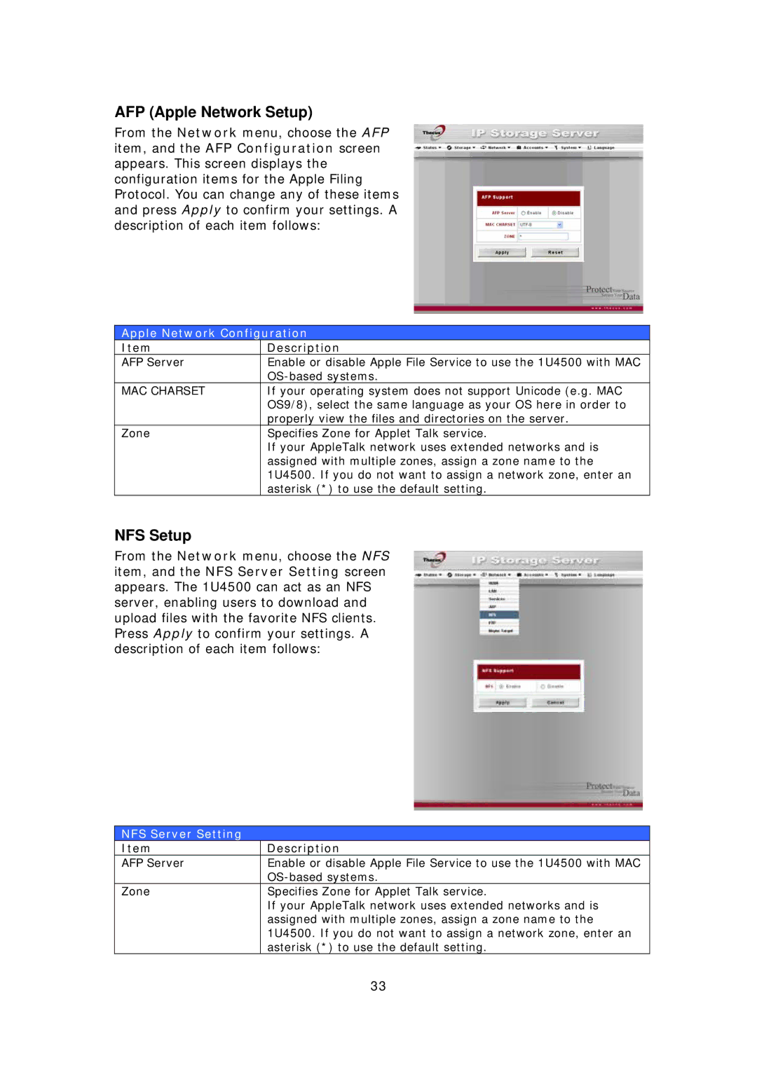 Thecus Technology 1U4500R user manual AFP Apple Network Setup, NFS Setup, Apple Network Configuration, NFS Server Setting 