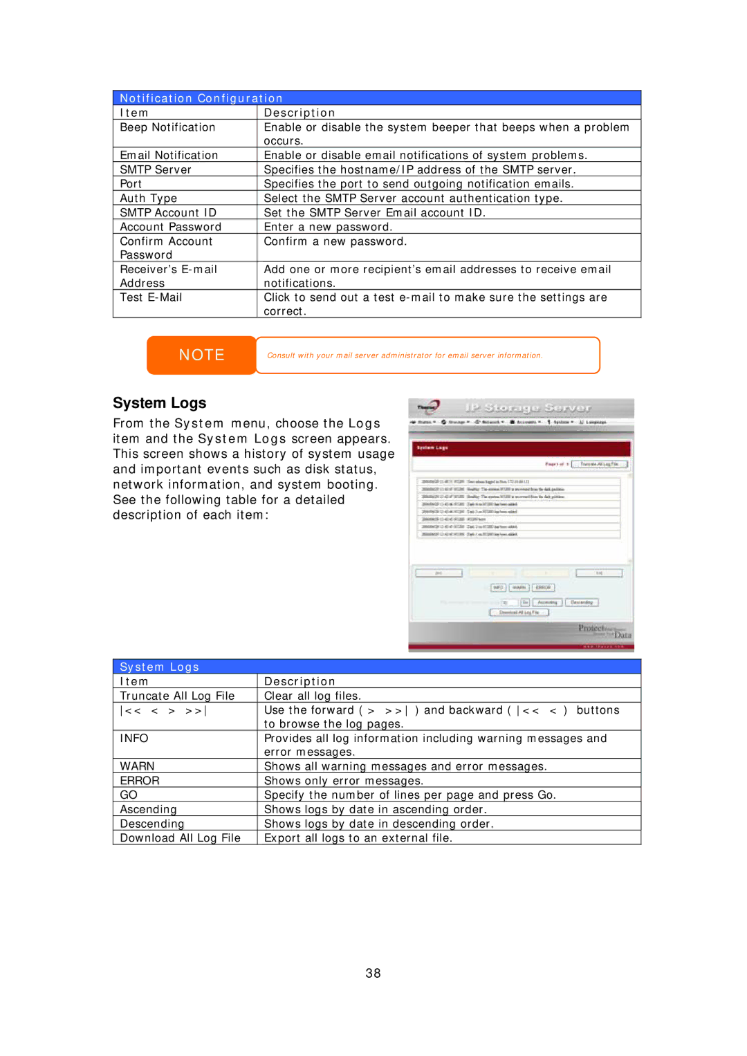 Thecus Technology 1U4500R, 1U4500S user manual System Logs, Notification Configuration 