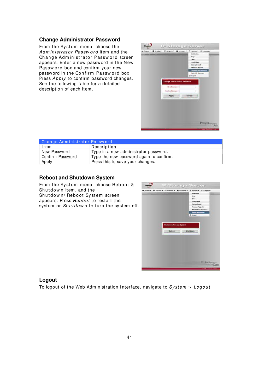 Thecus Technology 1U4500R, 1U4500S user manual Change Administrator Password, Reboot and Shutdown System, Logout 