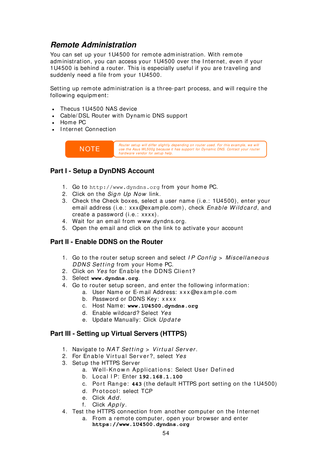 Thecus Technology 1U4500R, 1U4500S Remote Administration, Part I Setup a DynDNS Account, Part II Enable Ddns on the Router 