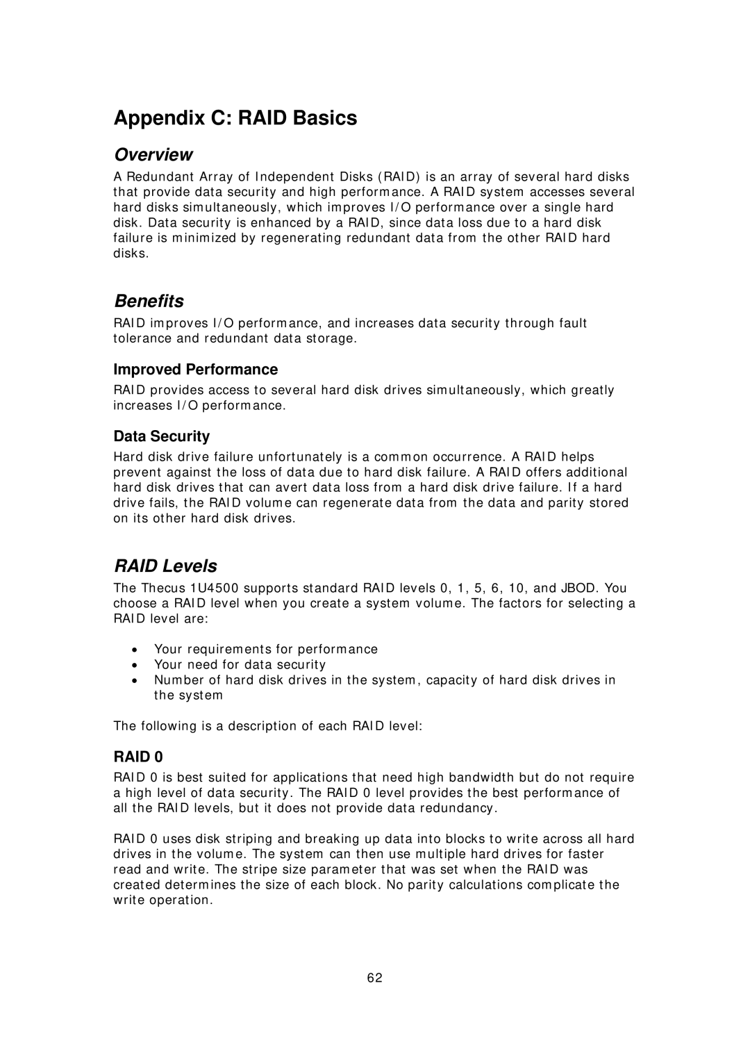 Thecus Technology 1U4500R, 1U4500S Appendix C RAID Basics, Benefits, RAID Levels, Improved Performance, Data Security 