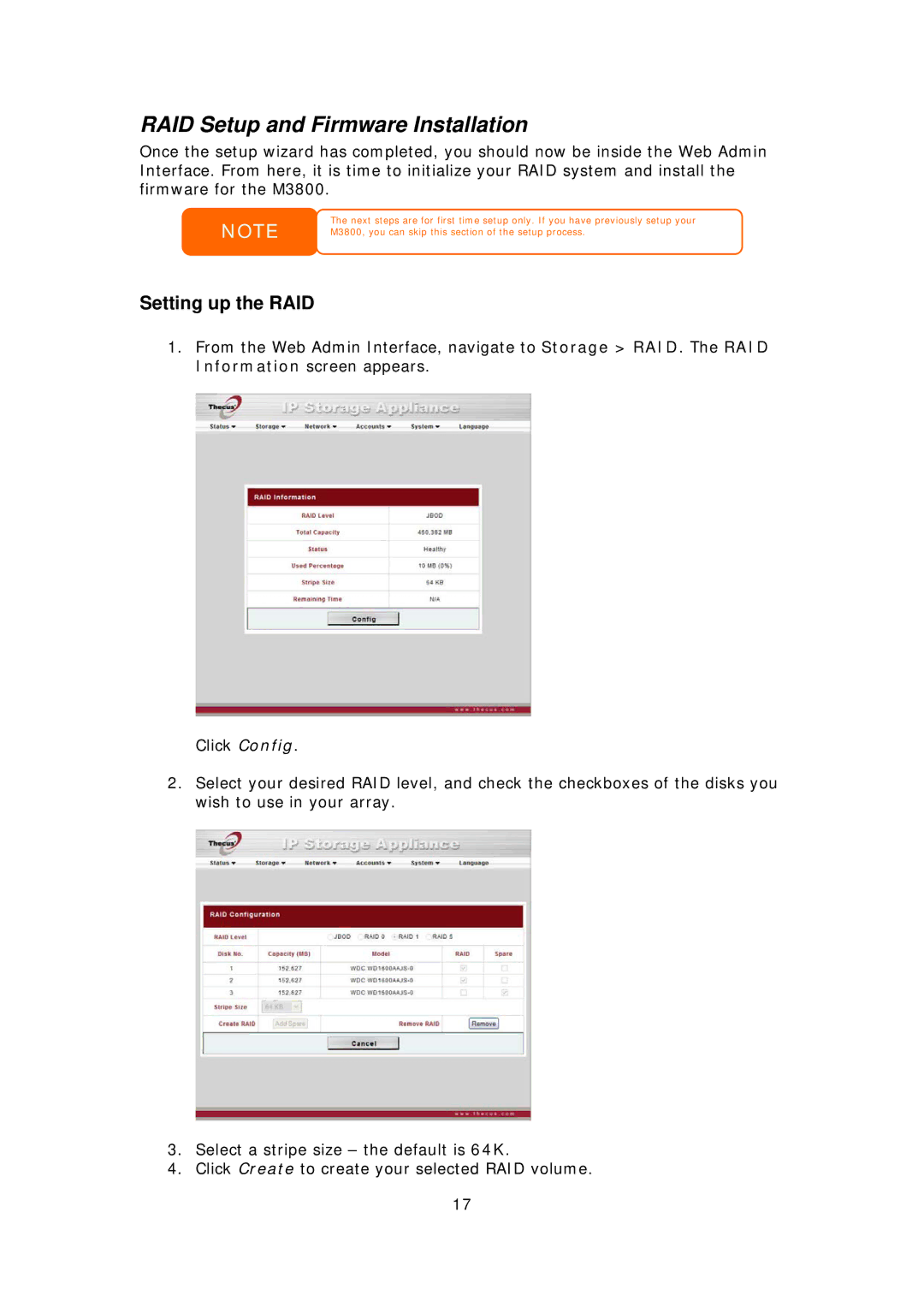 Thecus Technology M3800 manual RAID Setup and Firmware Installation, Setting up the RAID 