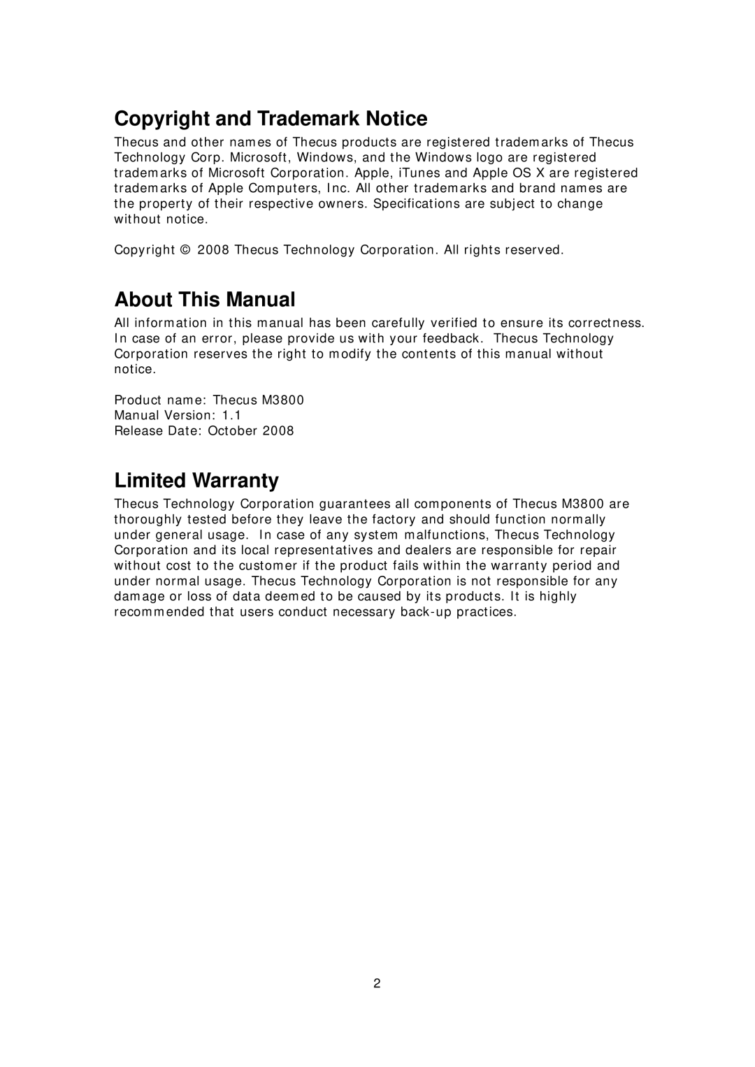 Thecus Technology M3800 manual Copyright and Trademark Notice, About This Manual, Limited Warranty 