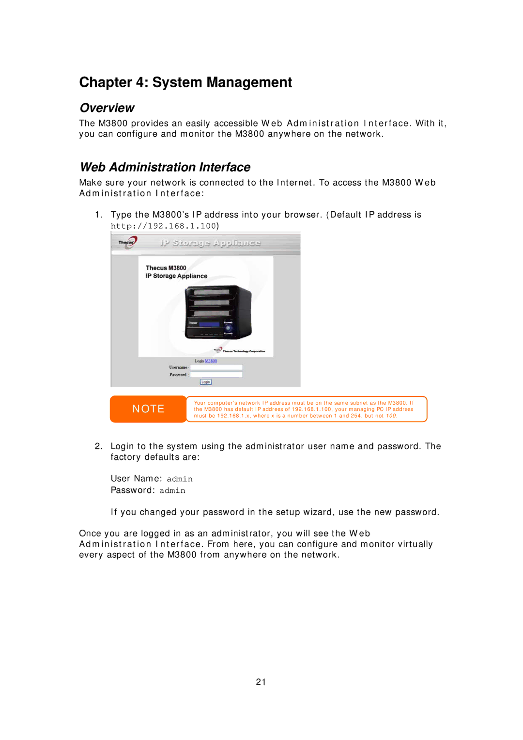 Thecus Technology M3800 manual System Management, Web Administration Interface 