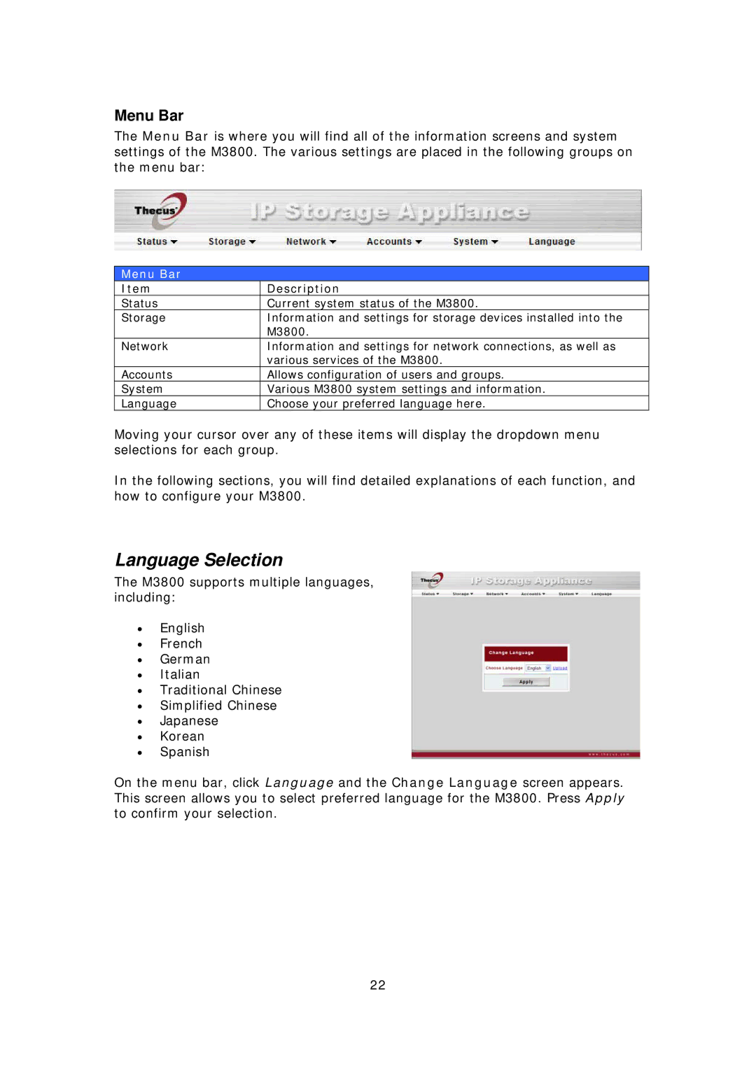 Thecus Technology M3800 manual Language Selection, Menu Bar 