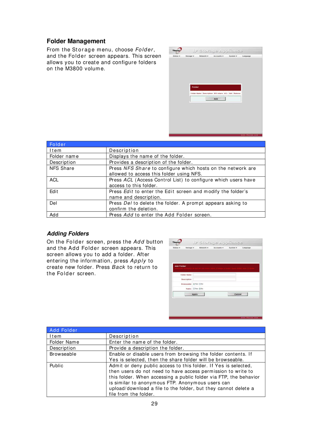 Thecus Technology M3800 manual Folder Management, Adding Folders, Add Folder 