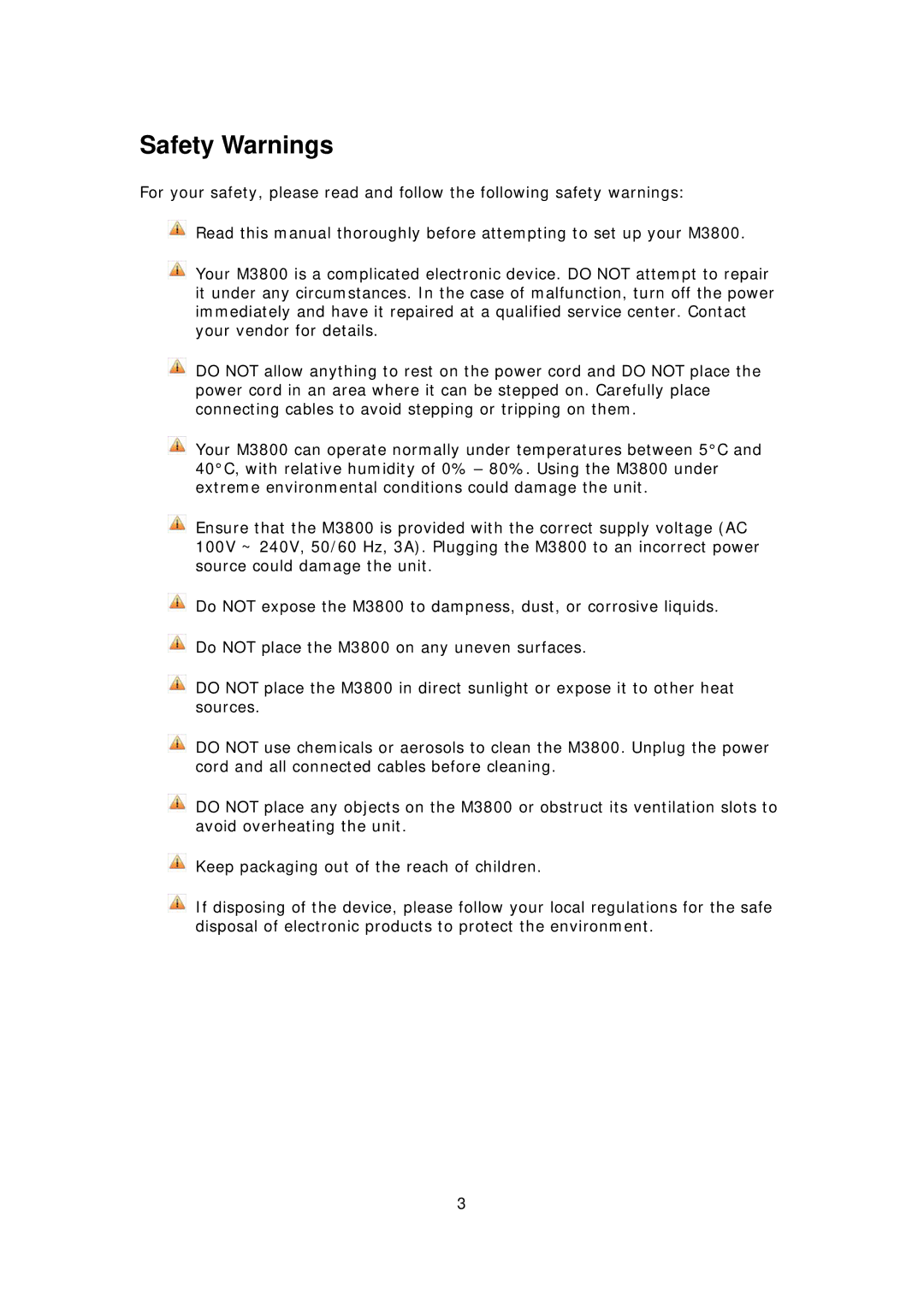 Thecus Technology M3800 manual Safety Warnings 