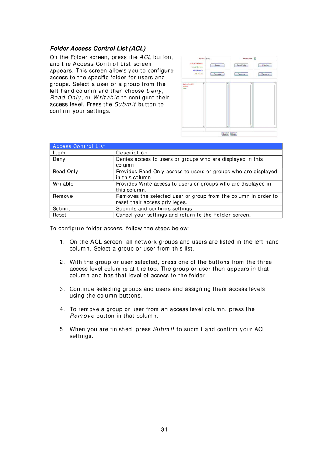 Thecus Technology M3800 manual Folder Access Control List ACL 