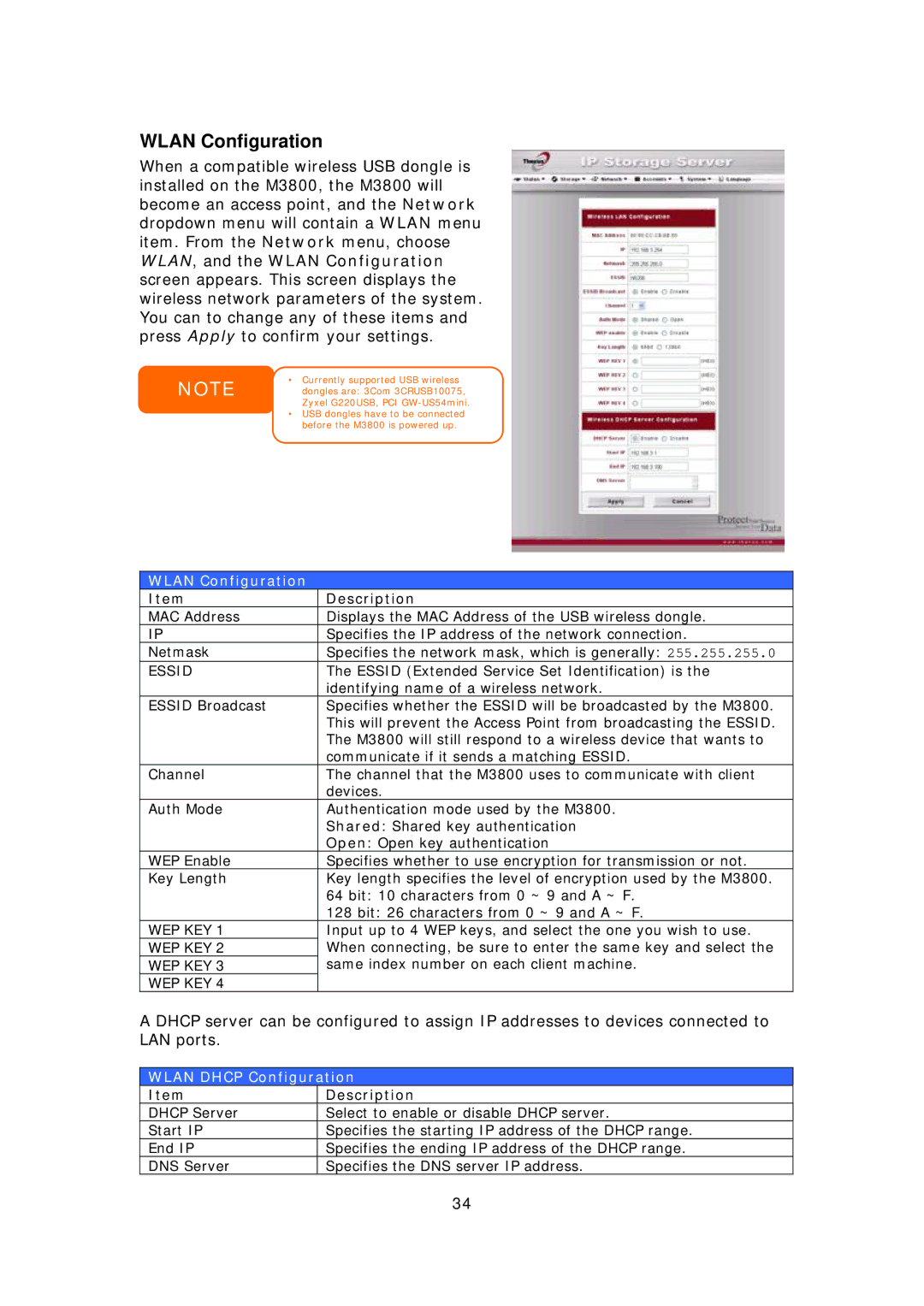 Thecus Technology M3800 manual Wlan Configuration, Wlan Dhcp Configuration 