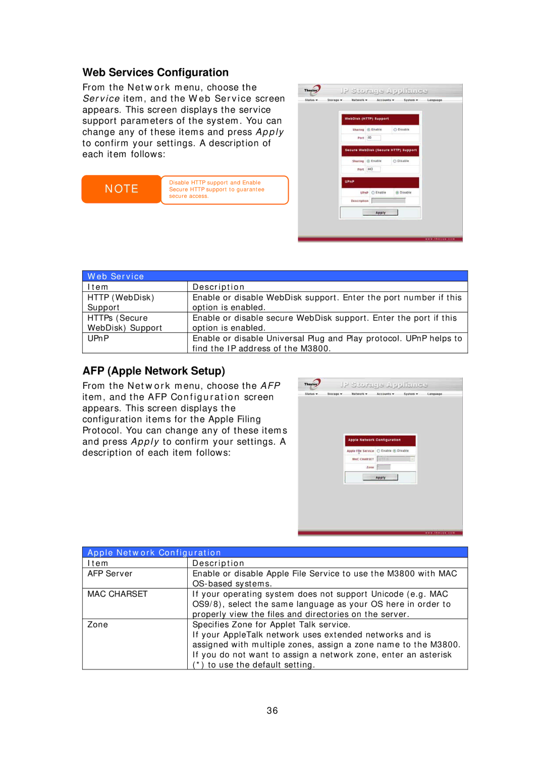 Thecus Technology M3800 manual Web Services Configuration, AFP Apple Network Setup, Apple Network Configuration 