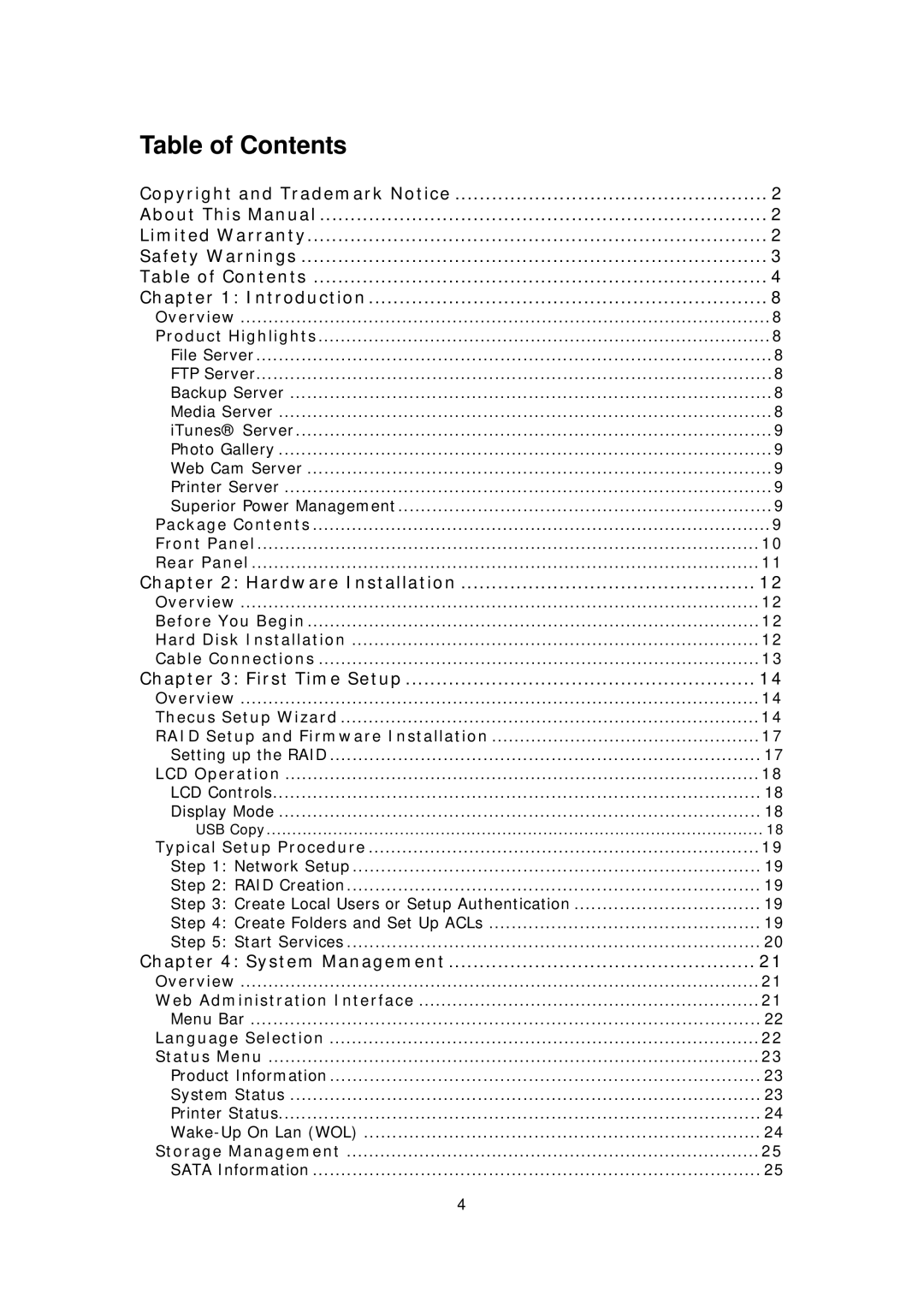 Thecus Technology M3800 manual Table of Contents 