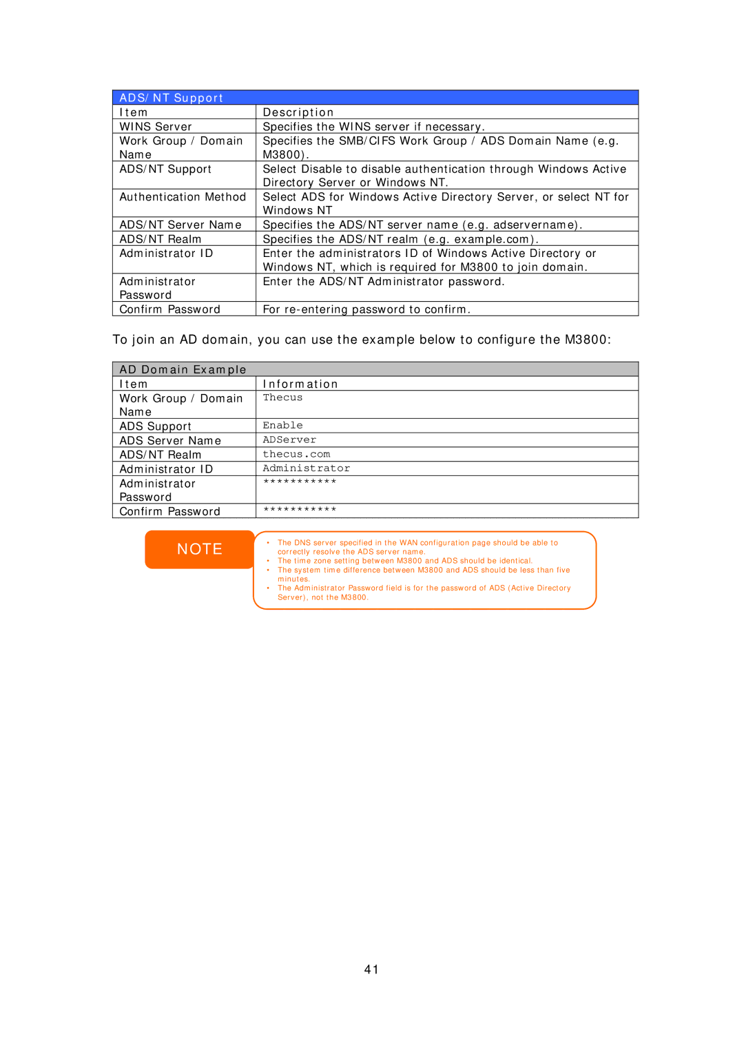 Thecus Technology M3800 manual ADS/NT Support, AD Domain Example Information 