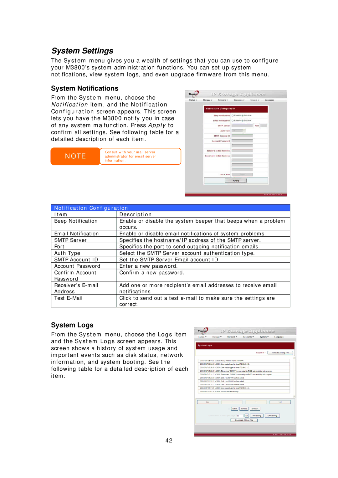 Thecus Technology M3800 manual System Settings, System Notifications, System Logs, Notification Configuration 