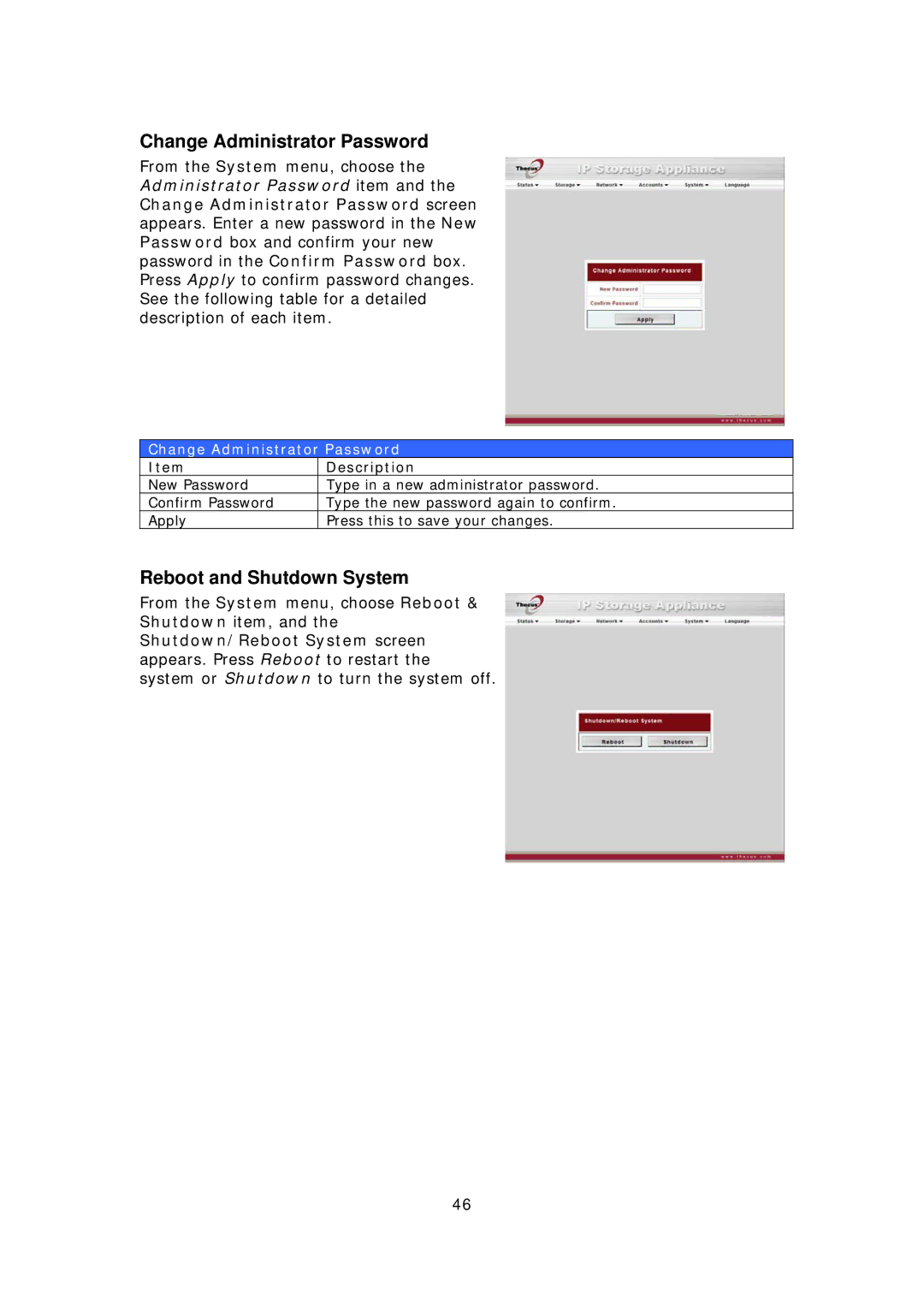 Thecus Technology M3800 manual Change Administrator Password, Reboot and Shutdown System 