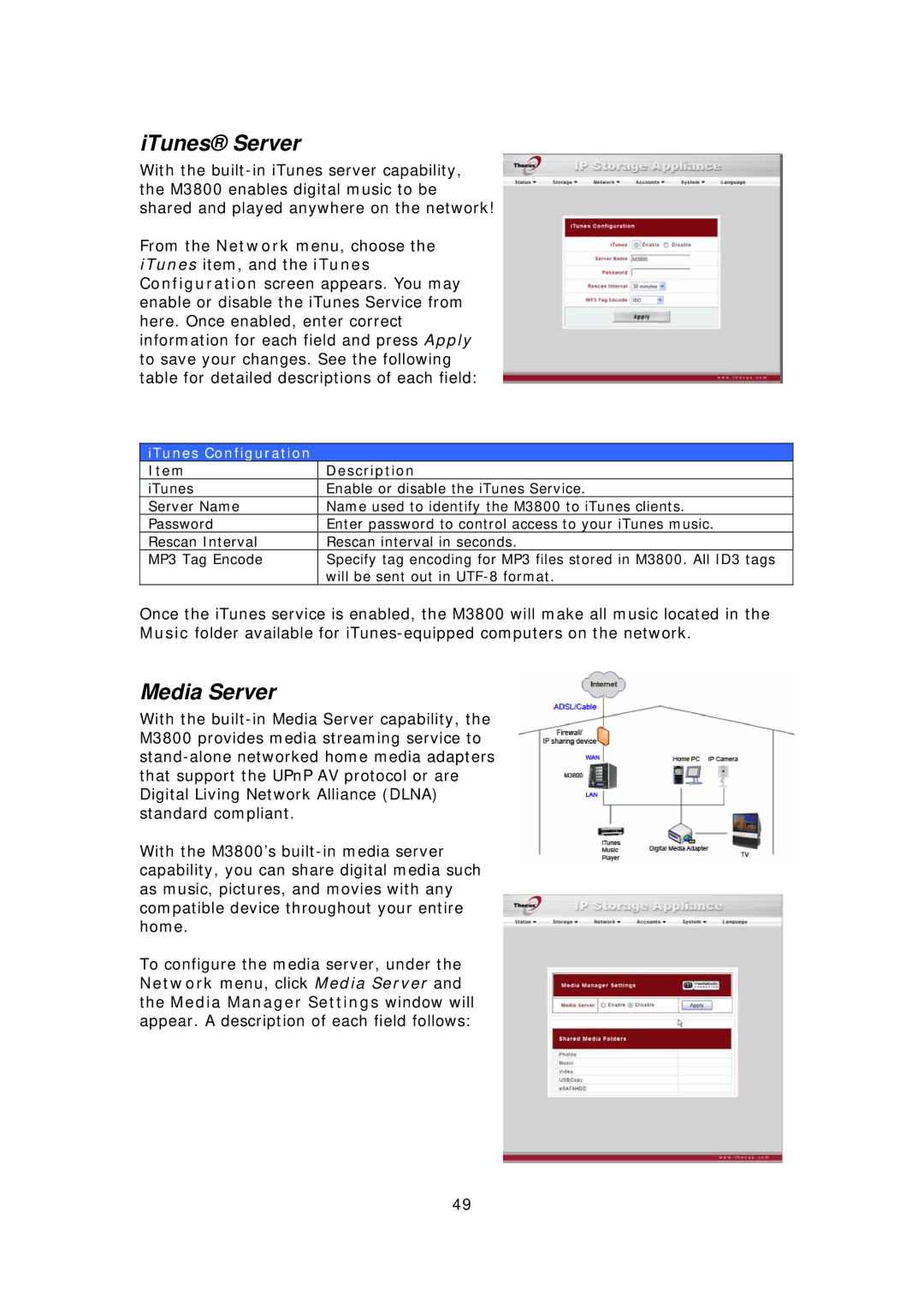 Thecus Technology M3800 manual ITunes Server, Media Server, ITunes Configuration 