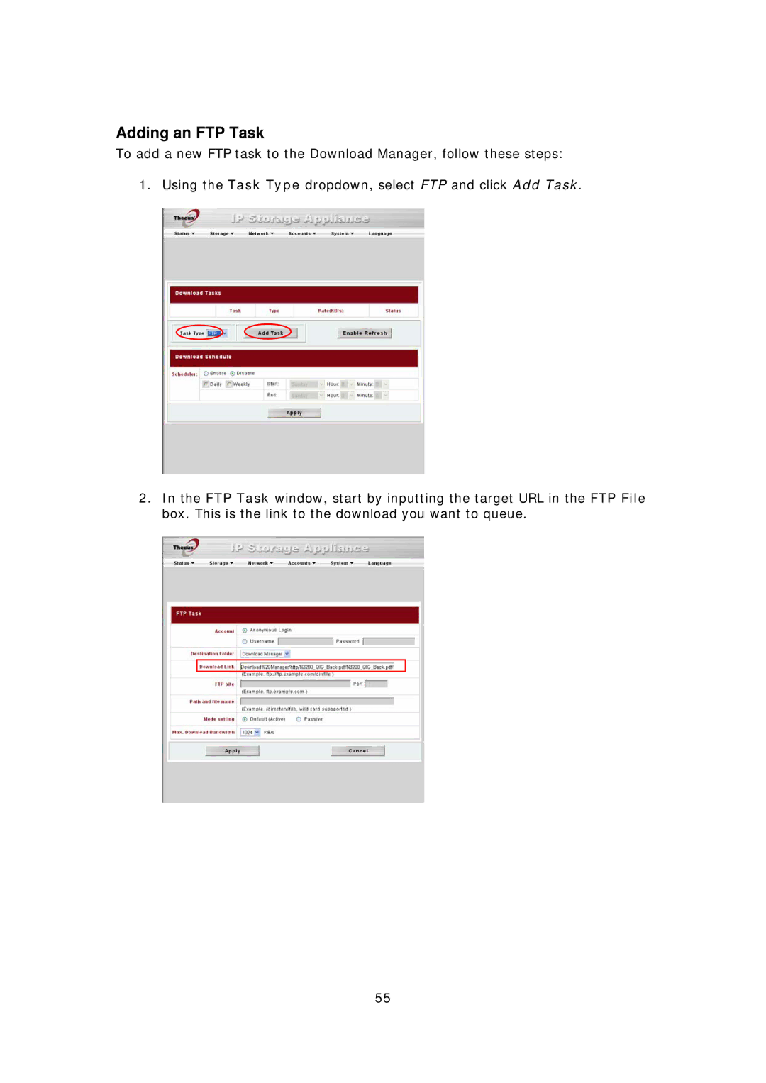 Thecus Technology M3800 manual Adding an FTP Task 