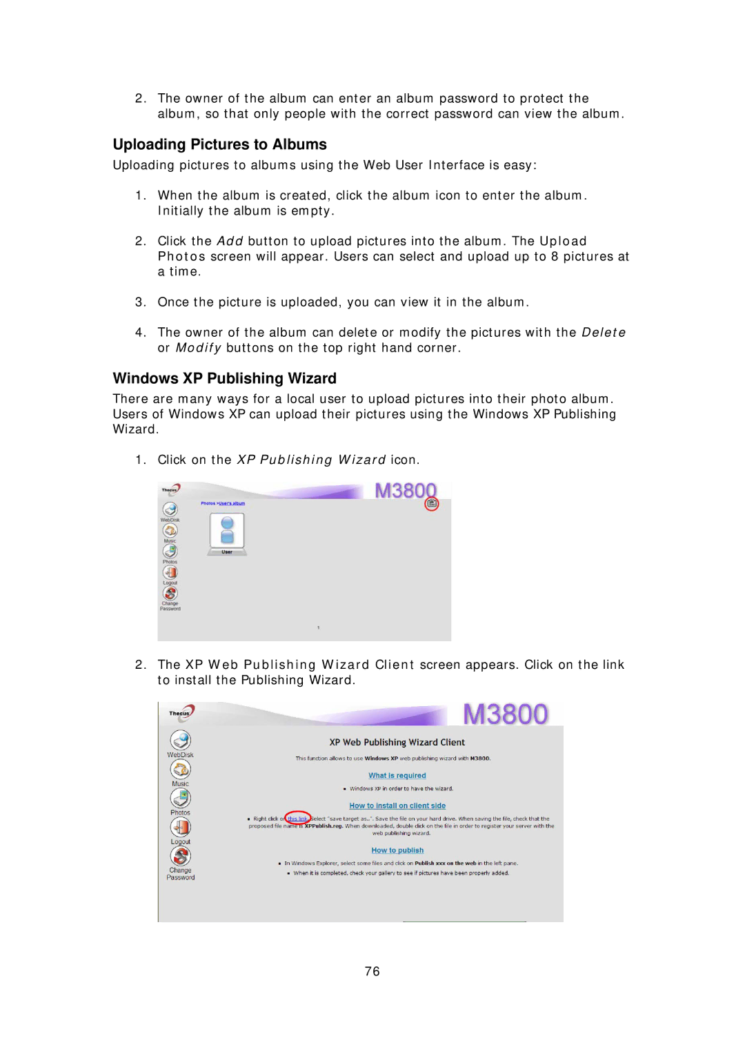 Thecus Technology M3800 manual Uploading Pictures to Albums, Windows XP Publishing Wizard 