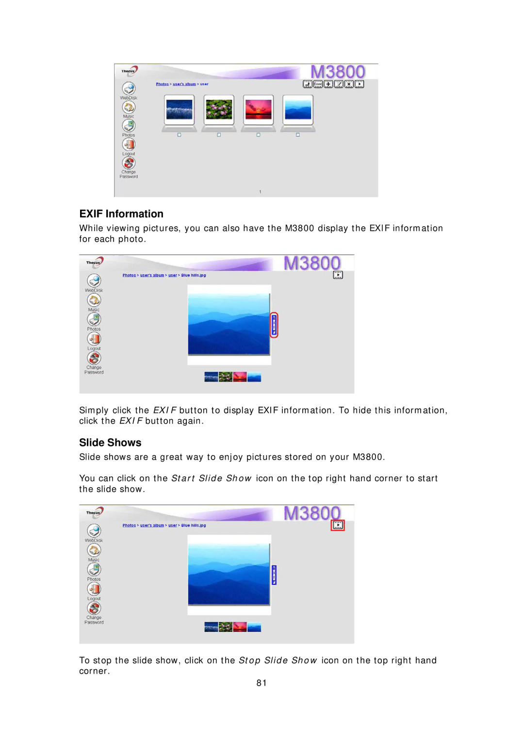 Thecus Technology M3800 manual Exif Information, Slide Shows 