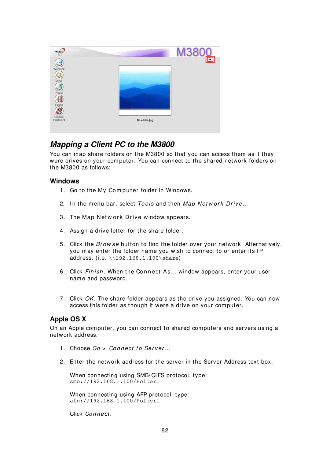 Thecus Technology manual Mapping a Client PC to the M3800, Windows, Apple OS 