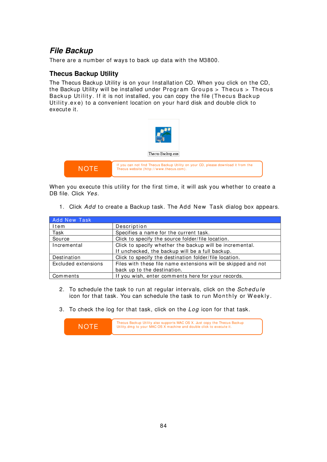 Thecus Technology M3800 manual File Backup, Thecus Backup Utility, Add New Task 