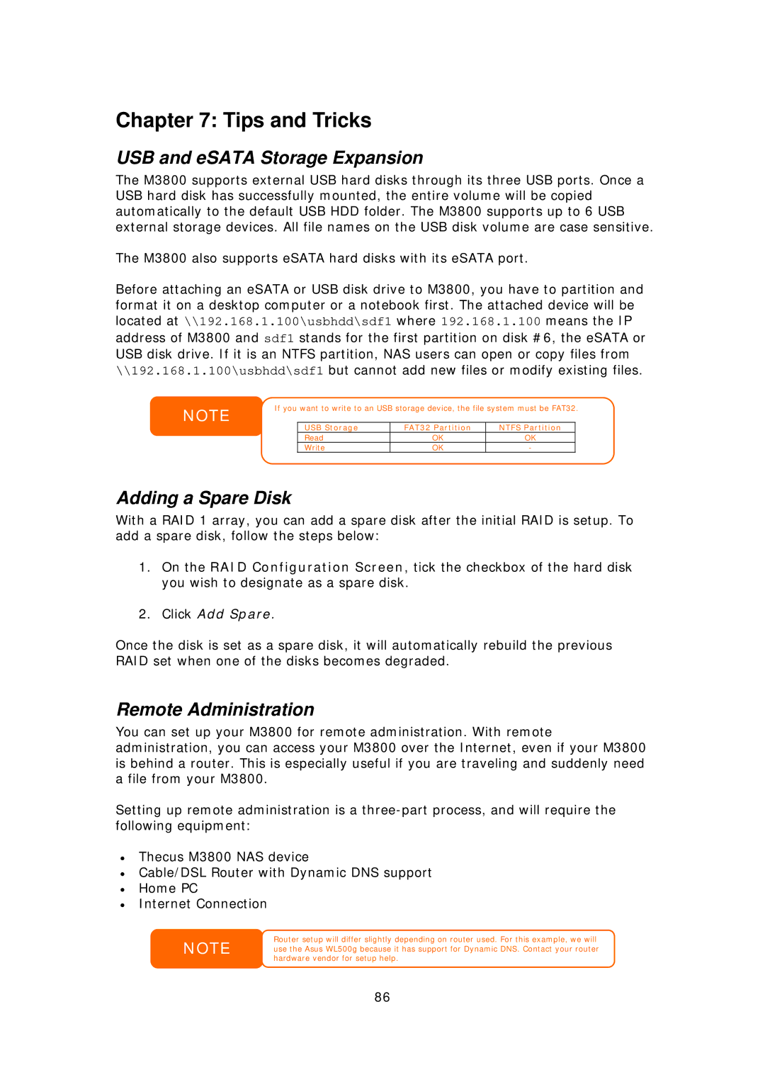 Thecus Technology M3800 manual Tips and Tricks, USB and eSATA Storage Expansion, Adding a Spare Disk, Remote Administration 