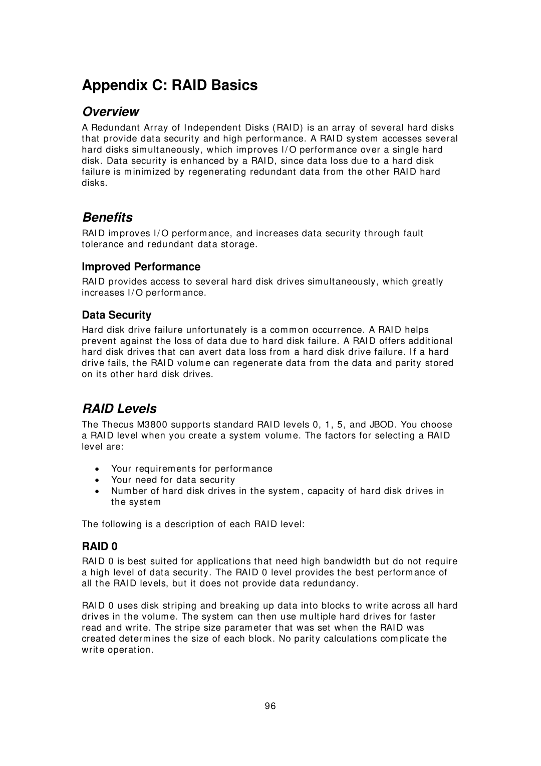 Thecus Technology M3800 manual Appendix C RAID Basics, Benefits, RAID Levels, Improved Performance, Data Security 