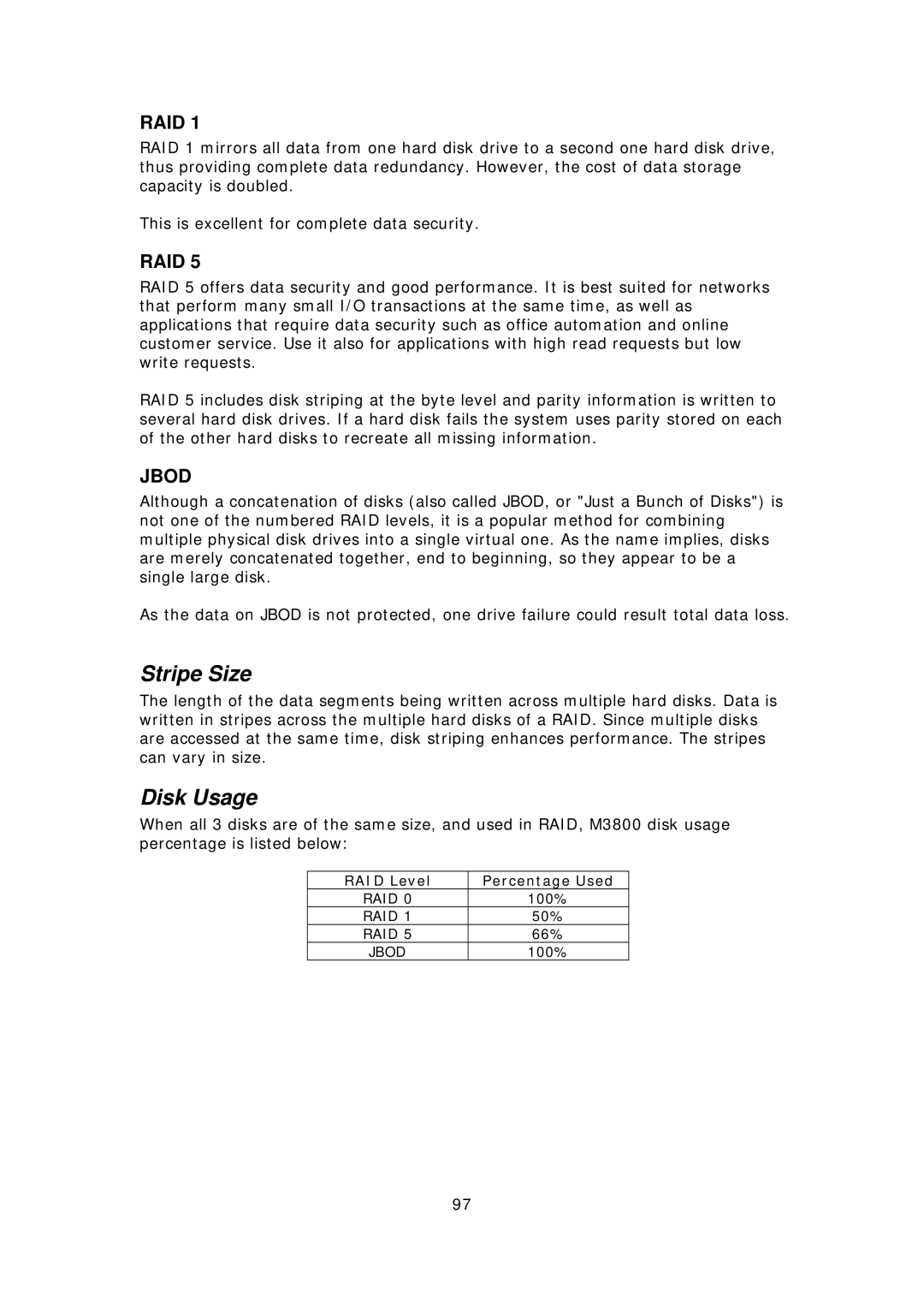 Thecus Technology M3800 manual Stripe Size, Disk Usage 