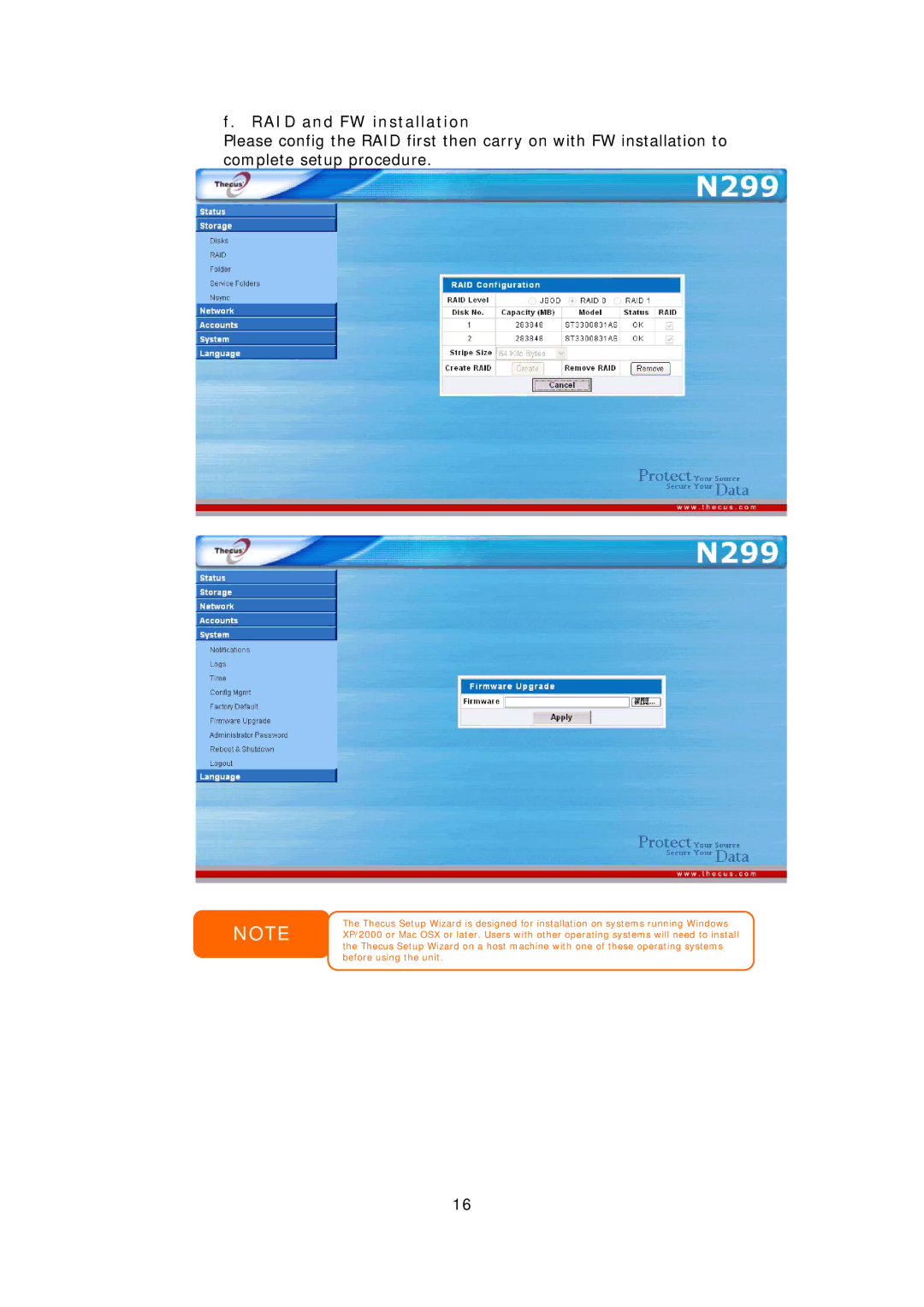 Thecus Technology N299 user manual RAID and FW installation 