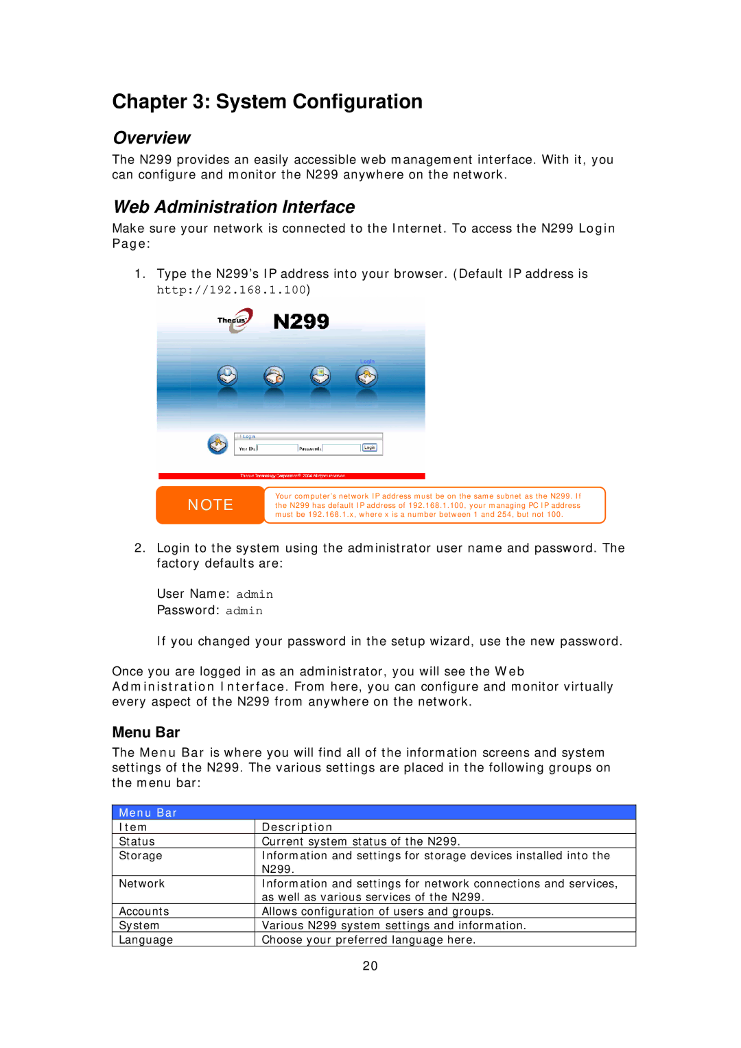 Thecus Technology N299 user manual System Configuration, Web Administration Interface, Menu Bar 