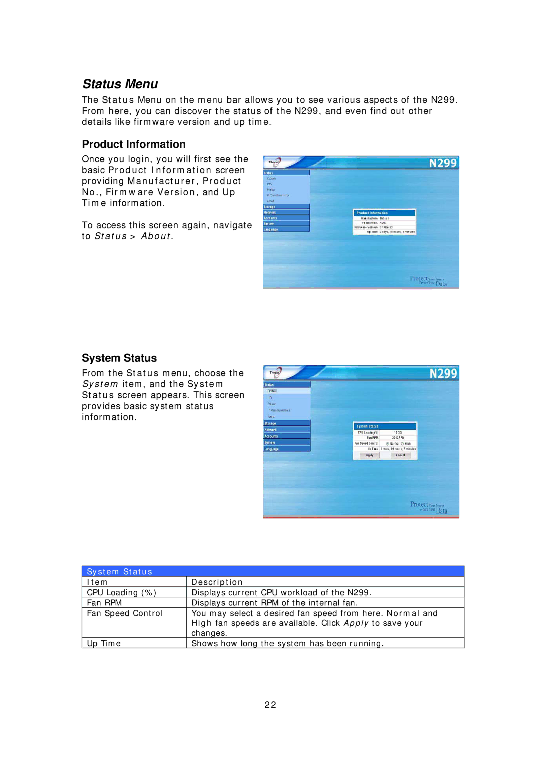 Thecus Technology N299 user manual Status Menu, Product Information, System Status 