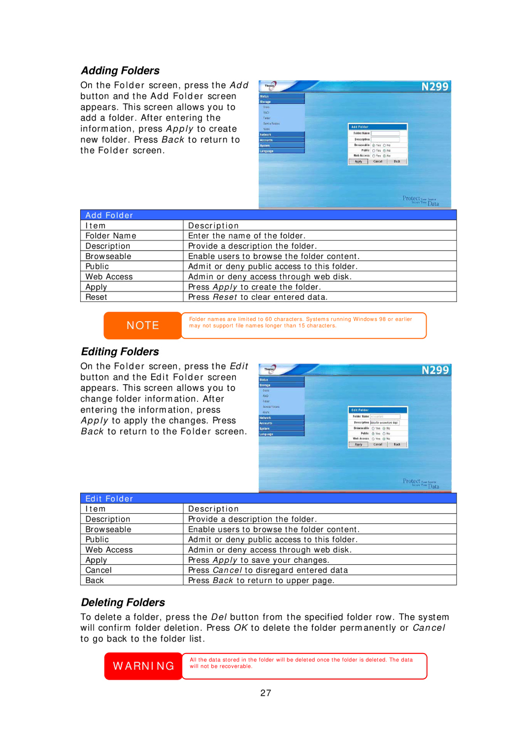 Thecus Technology N299 user manual Adding Folders, Editing Folders, Deleting Folders, Add Folder, Edit Folder 