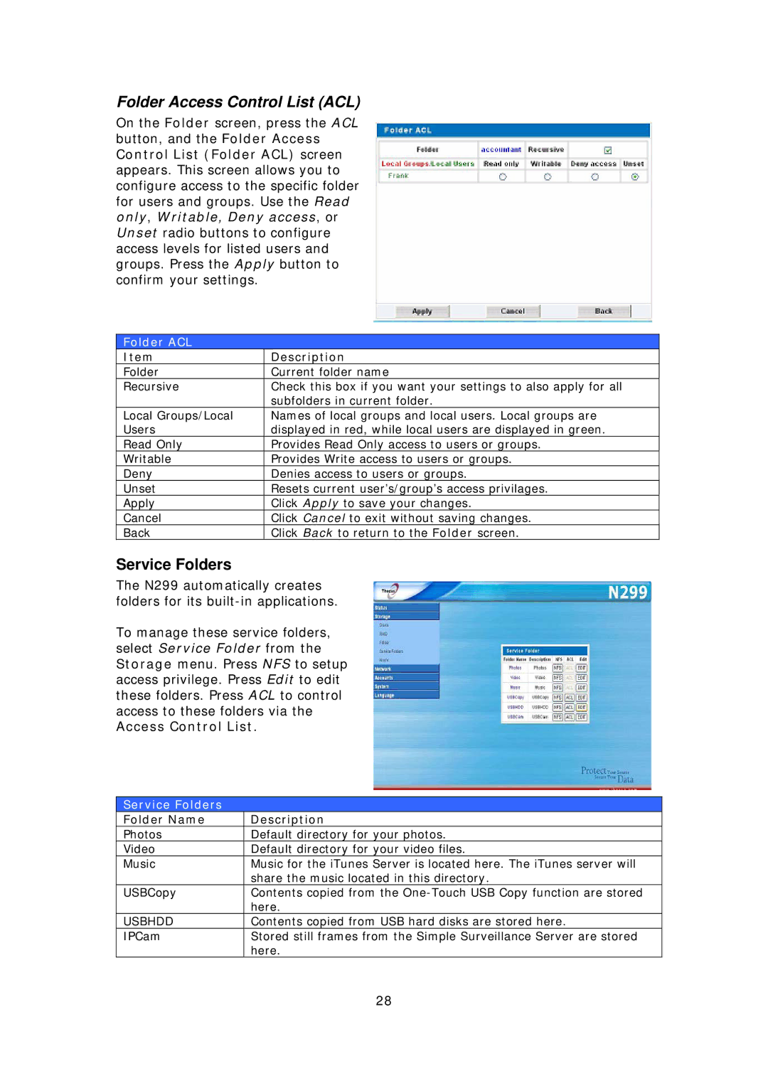 Thecus Technology N299 user manual Folder Access Control List ACL, Service Folders, Folder ACL, Folder Name Description 