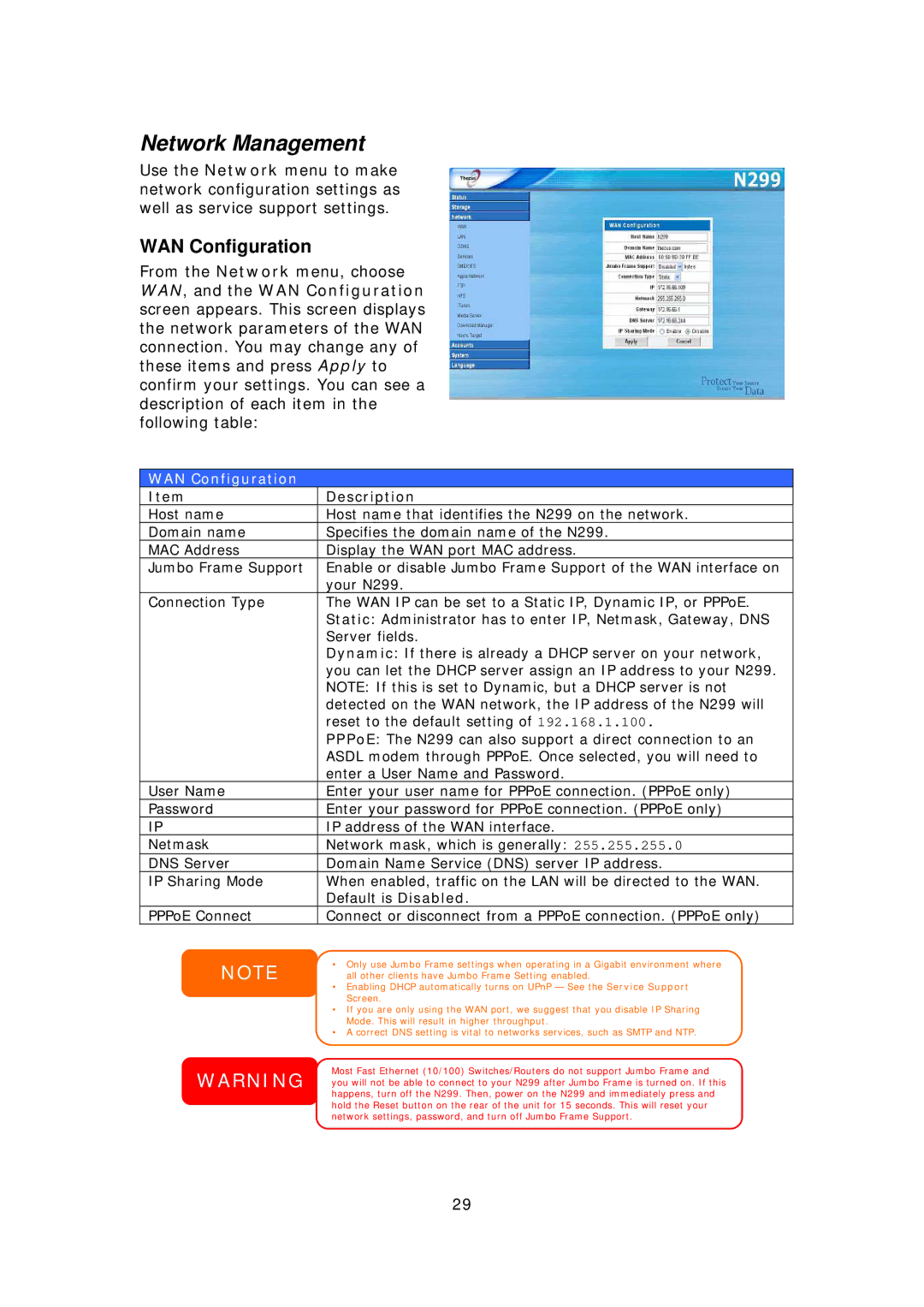 Thecus Technology N299 user manual Network Management, WAN Configuration 