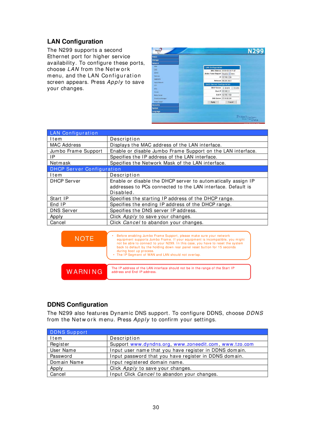 Thecus Technology N299 user manual LAN Configuration, Ddns Configuration, Dhcp Server Configuration, Ddns Support 