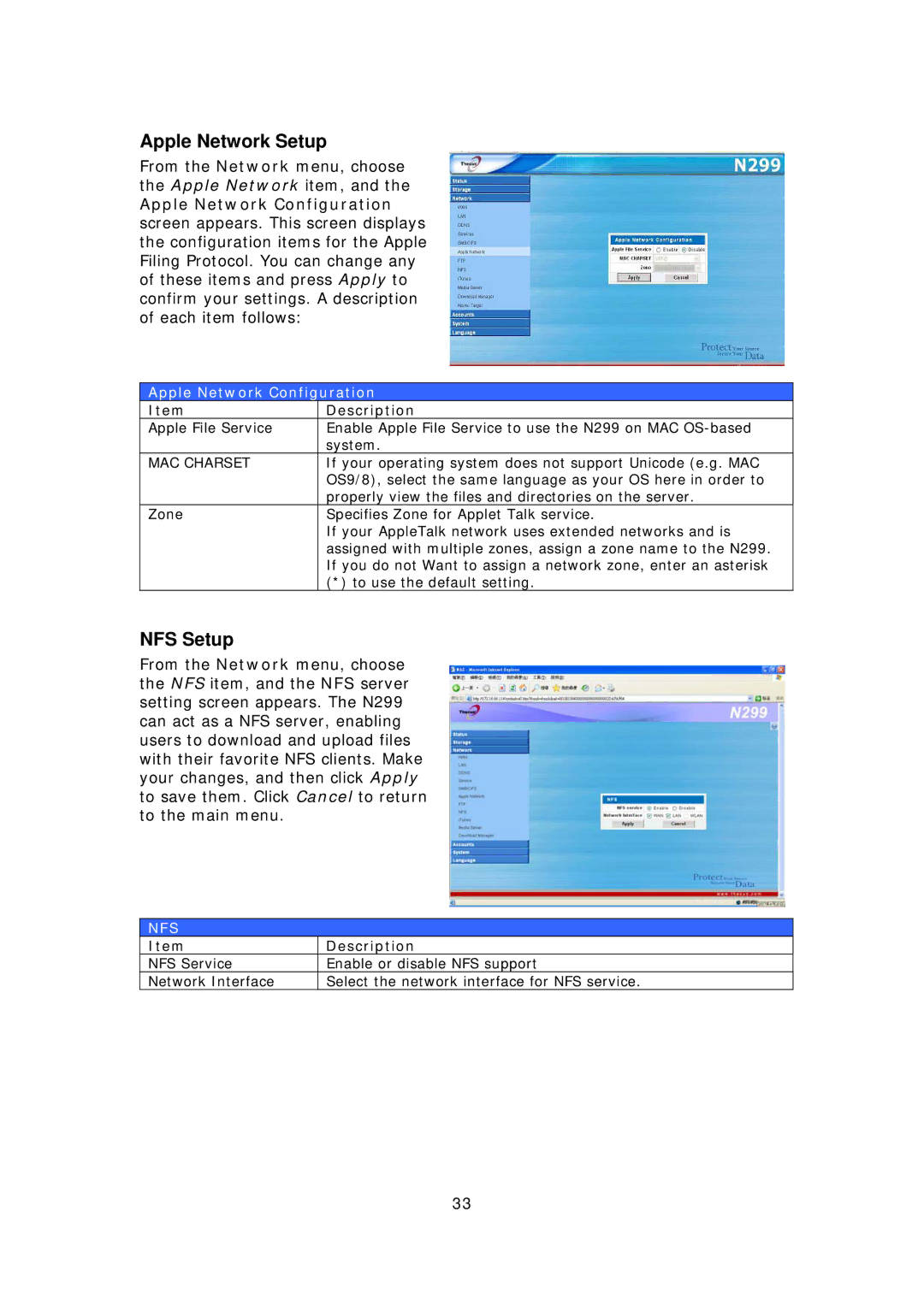 Thecus Technology N299 user manual Apple Network Setup, NFS Setup, Apple Network Configuration, MAC Charset 